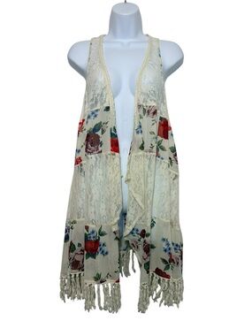 Vivid Importers of NY Floral Lace Crochet Fringe Boho Open Front Vest Kimono SzL